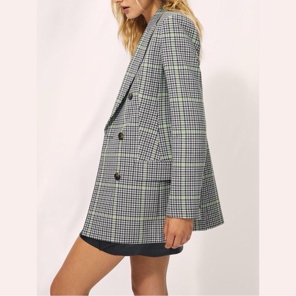 Aritzia x Wilfred Margaux Gray Green Houndstooth Double-Breasted Blazer Sz 2 EUC - Picture 15 of 16